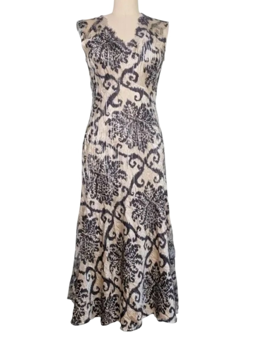 Komarov Maxi Dress 1930s Style Damask
Scroll Crinkle Cocktail Gown Black/Tan- M